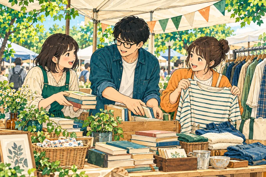 仲間とフリマの売り場を準備するイラスト
