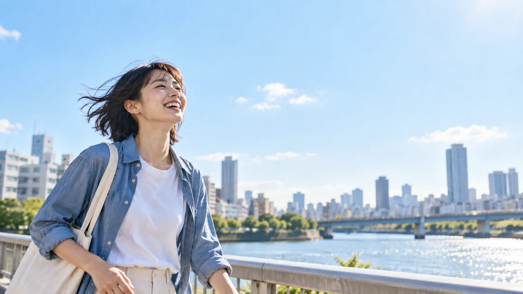 青空の下、いつもの道を笑顔で歩く人