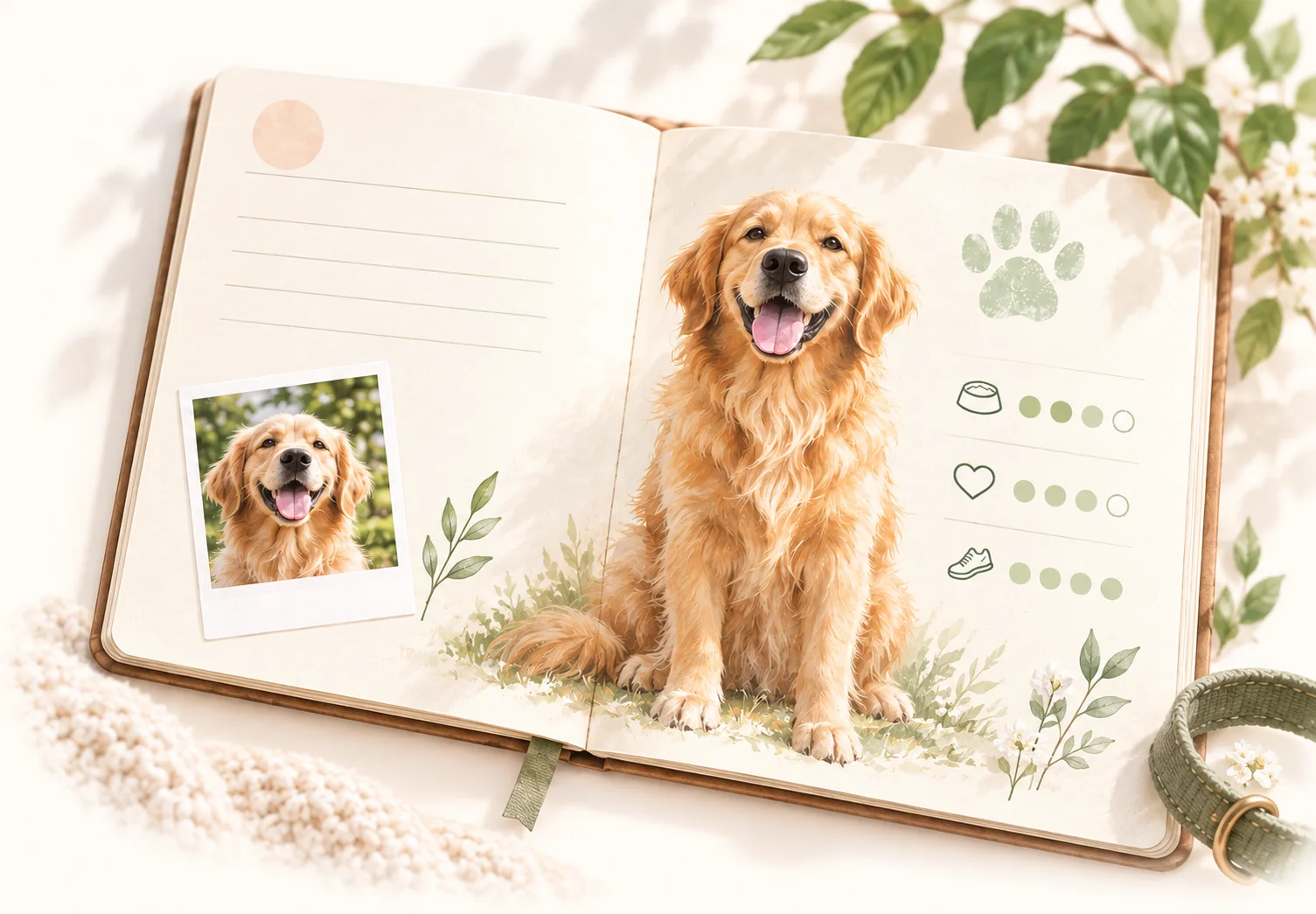 犬との毎日を写真と健康メモで残す開いた記録帳のイラスト