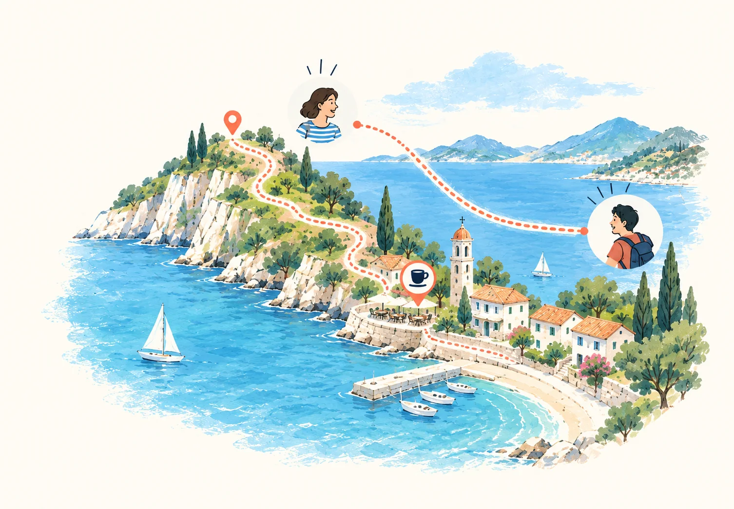 海辺の街に点在するおすすめと、人を結ぶ旅の地図のイラスト